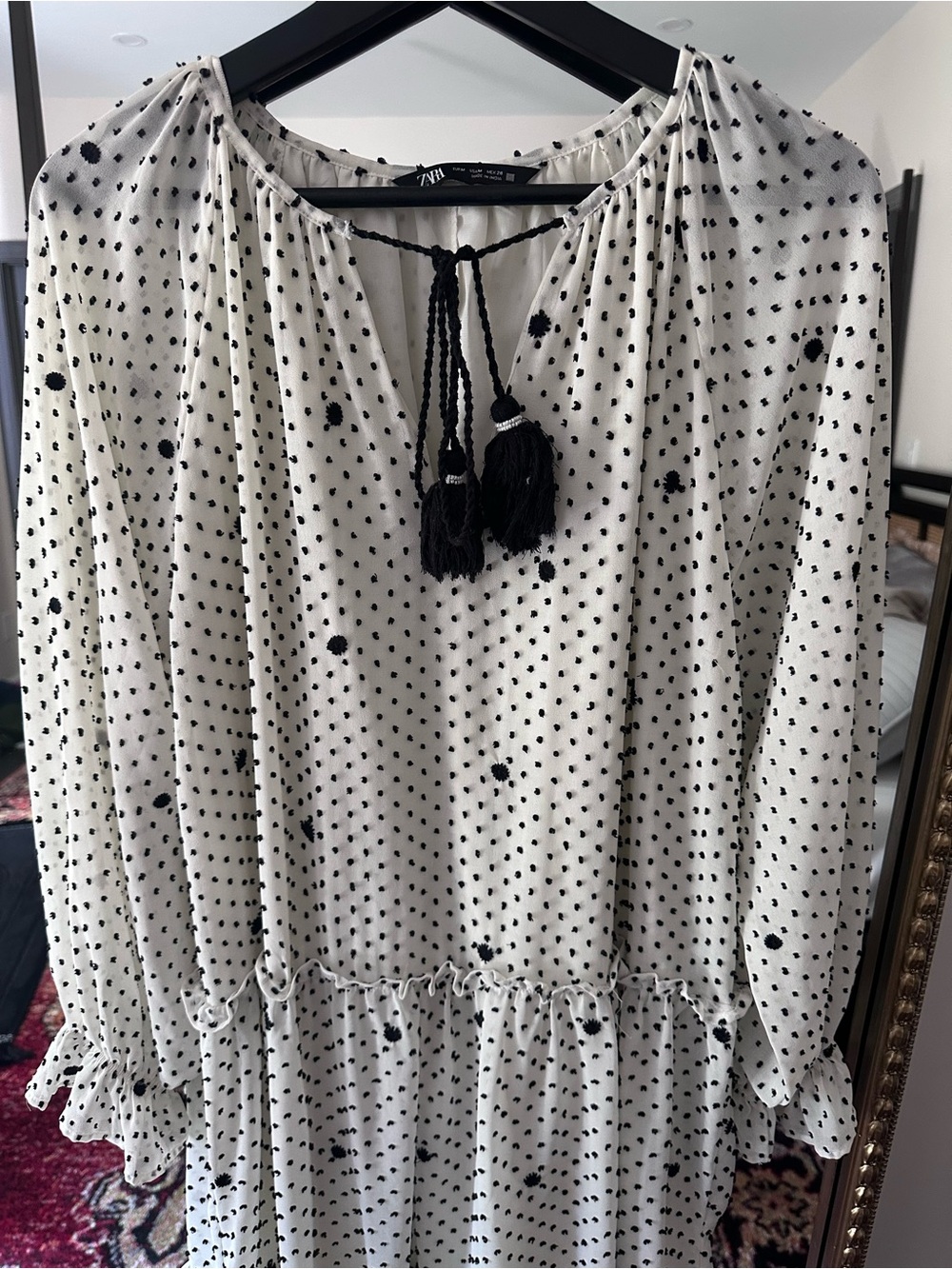 Zara White Maxi Dress with Black Polka Dot Tassel Tie